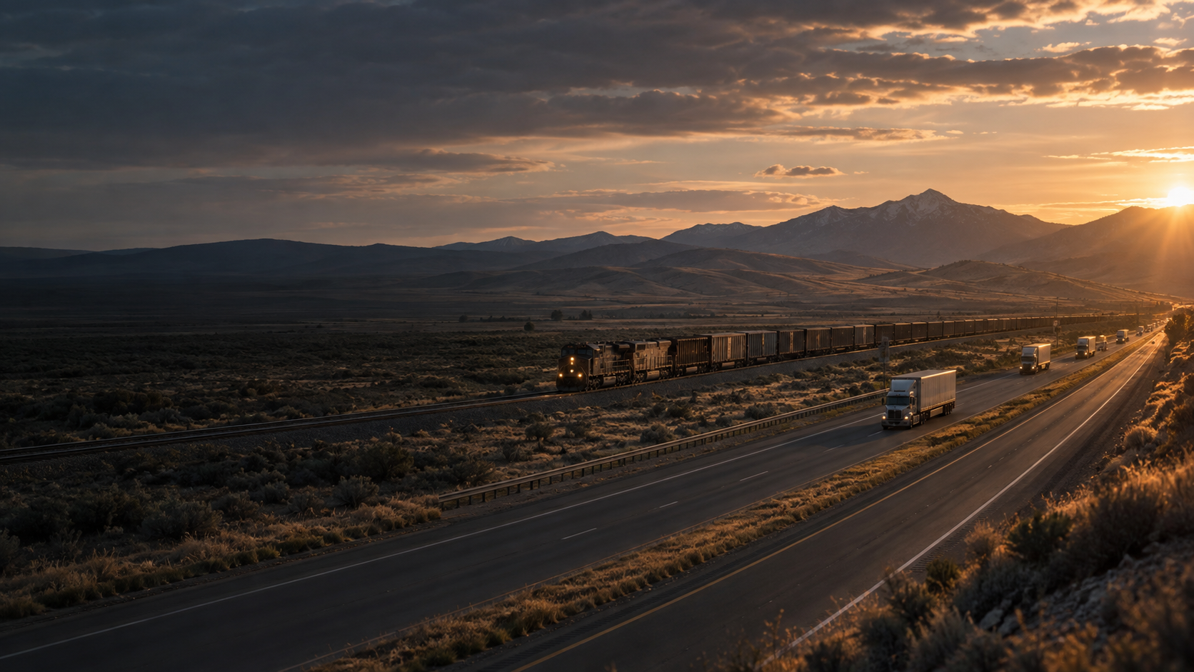 Commercial freight corridor with tractor-trailers and high-desert foothills